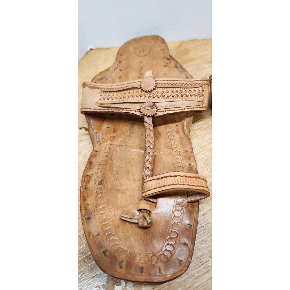 Handmade Leather Kolhapuri Sandals Womens 9 Tan Braided T-Strap Boho Flat Slides - Picture 2 of 8